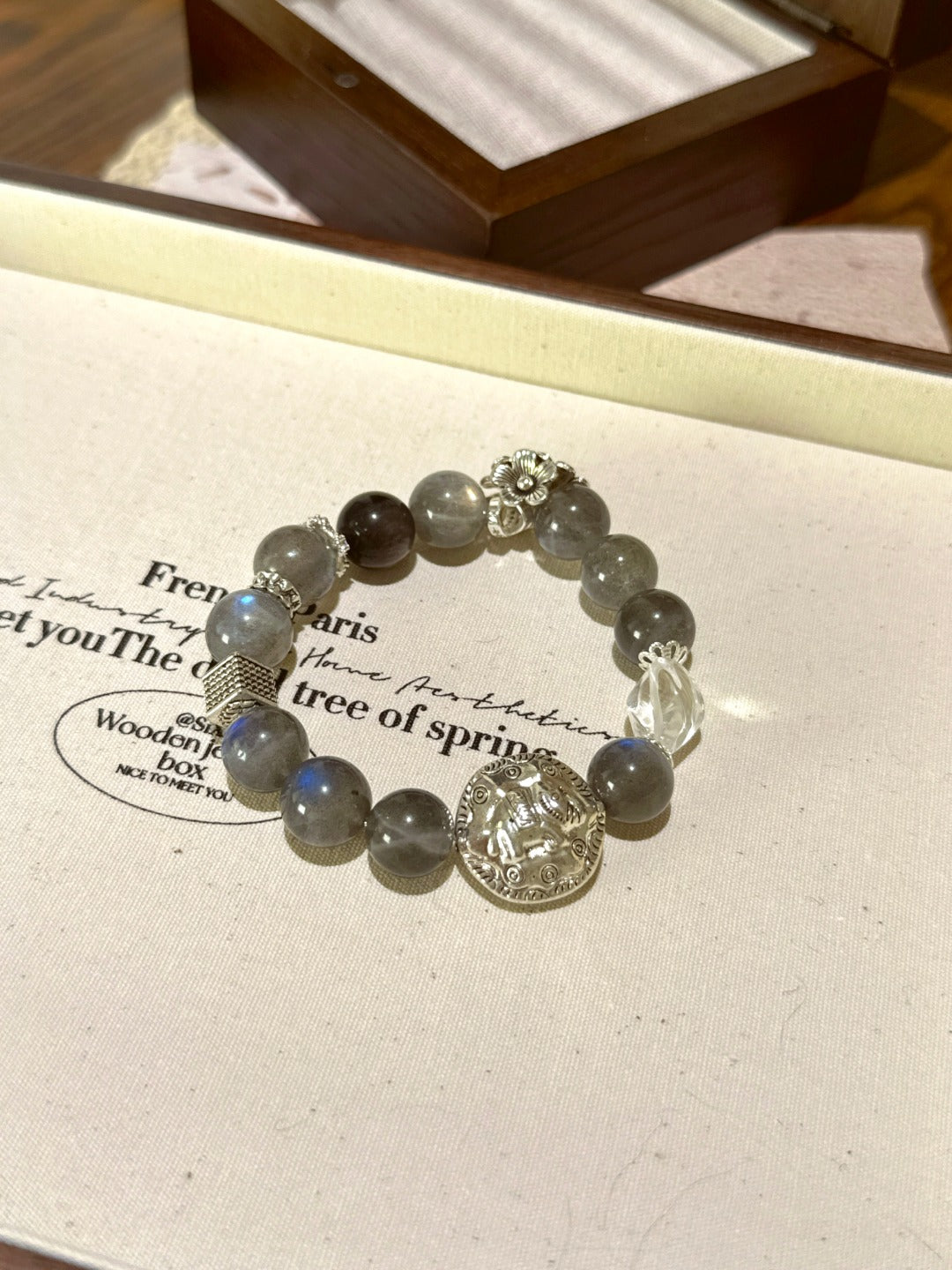 ▫️▪️ Labradorite silver obsidian white crystal bracelet
